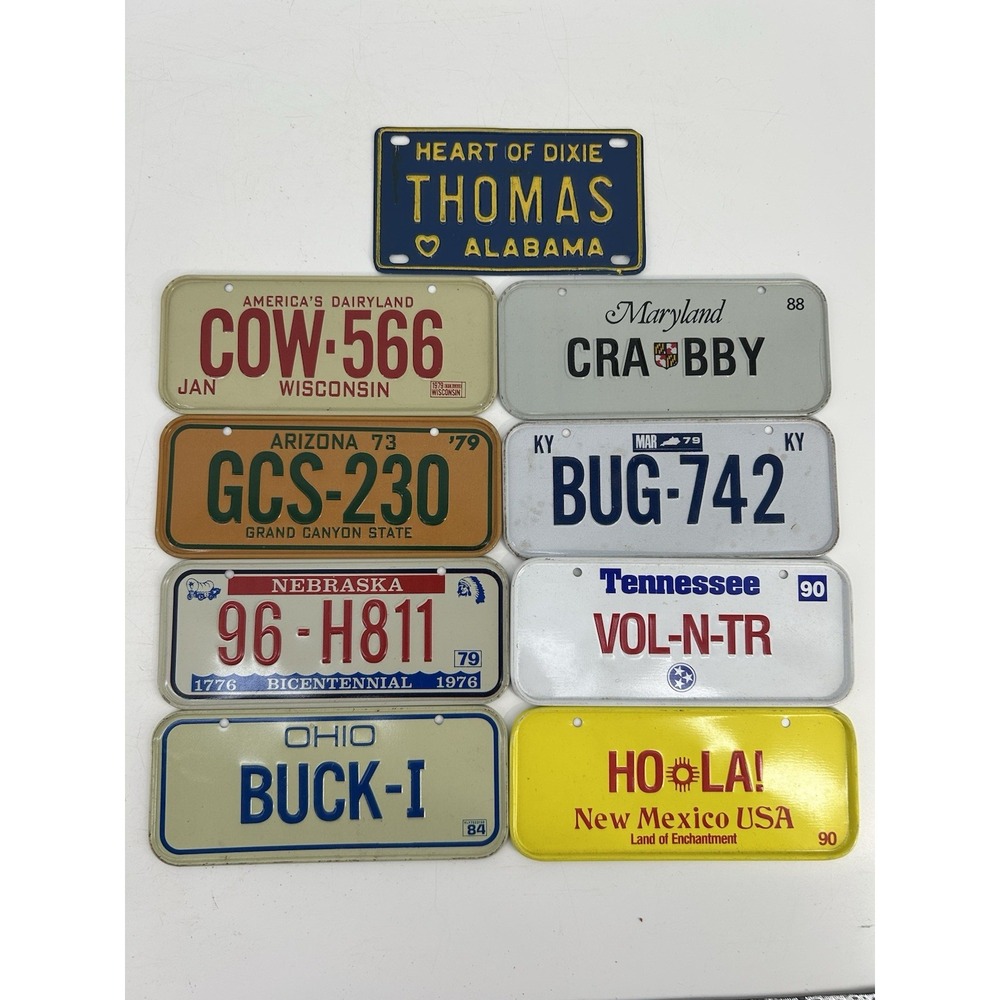 Vintage Miniature Metal Bicycle License Plates Cereal Box Promos Lot Of 9